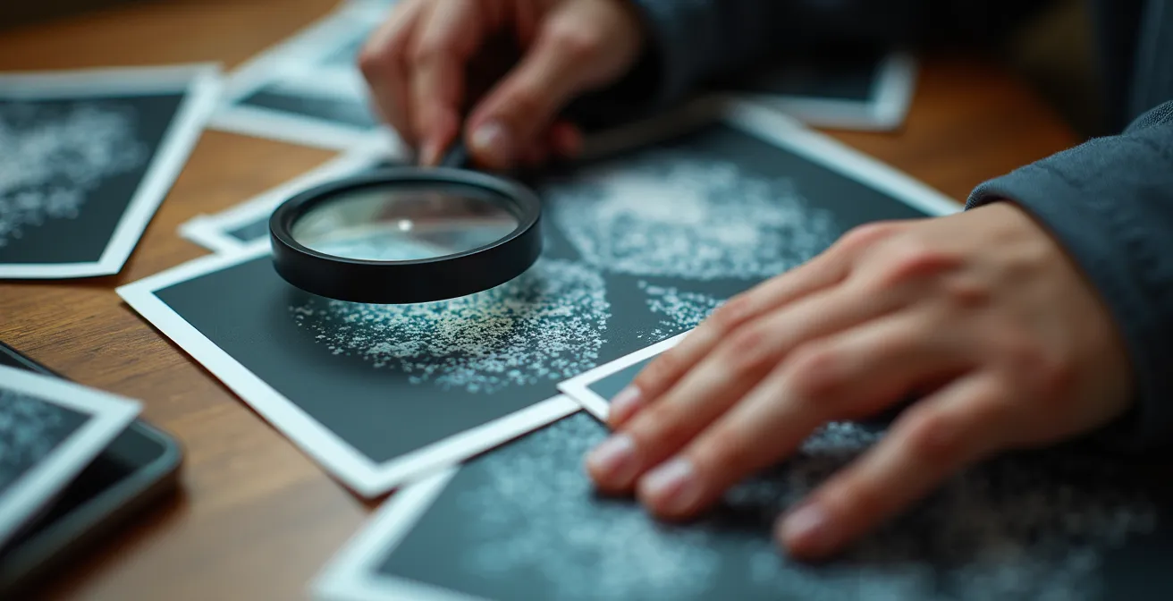 Adolescente examinando detalles de fotografías impresas con una lupa real mientras compara patrones visuales