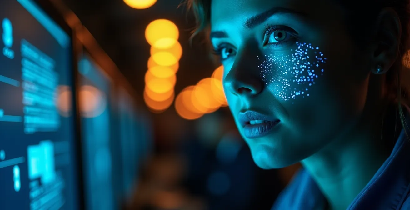 Trabajador observando reconstrucción holográfica de accidente industrial