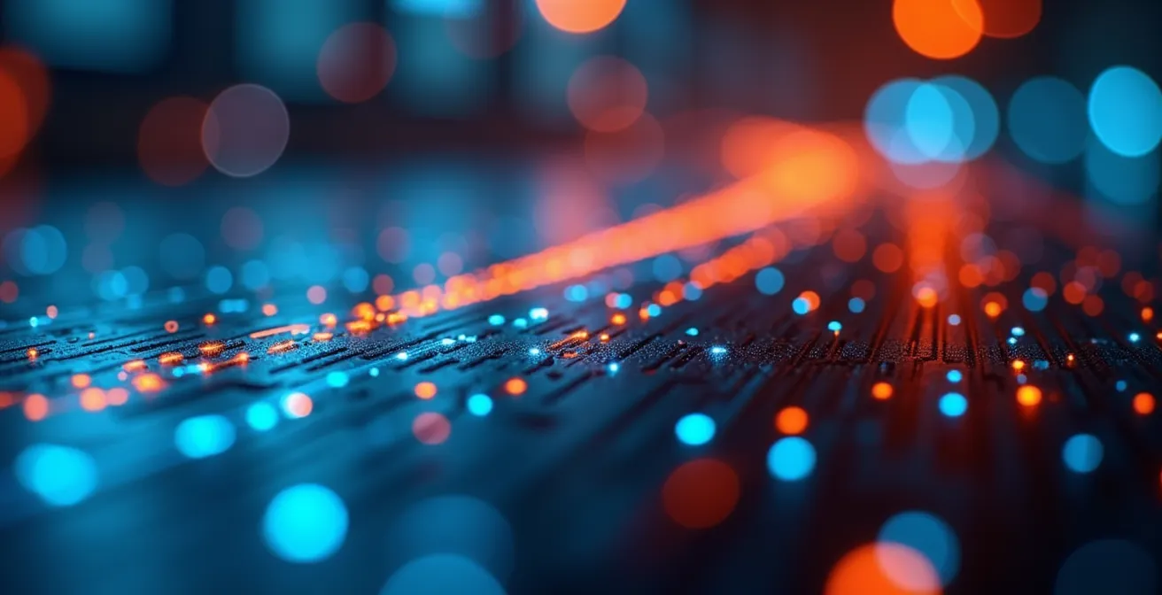 Primer plano macro de pantalla mostrando código con efecto bokeh