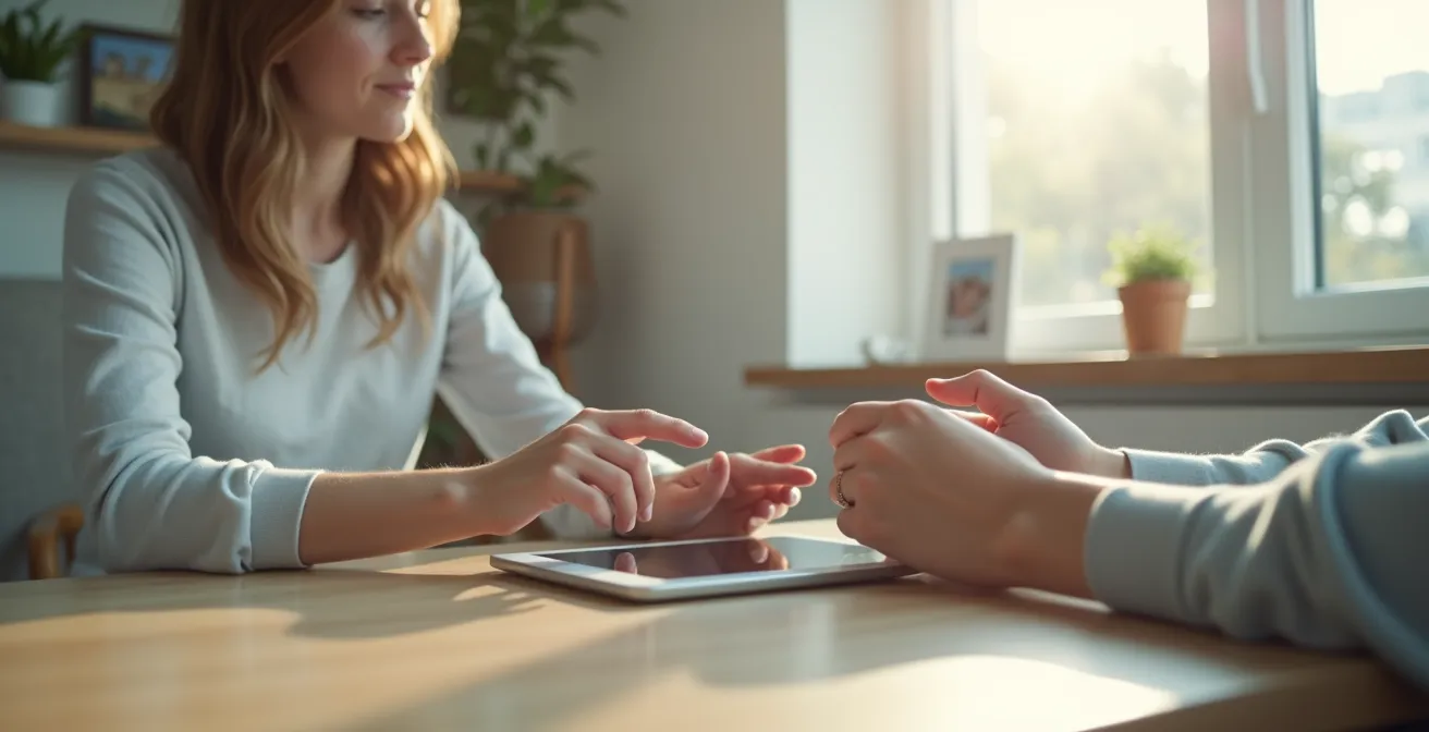 Manos de una persona joven guiando suavemente las manos de una persona mayor sobre una tablet, simbolizando el aprendizaje conjunto y el apoyo.