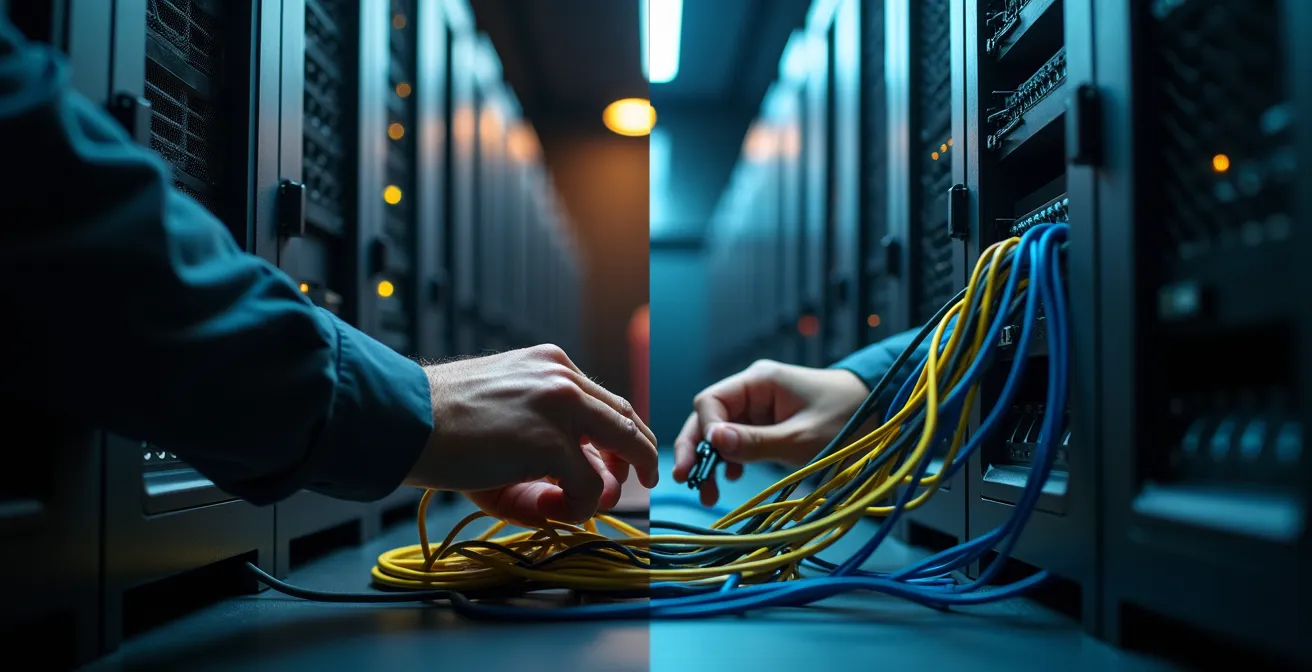 Contraste visual entre configuración caótica y organizada de red