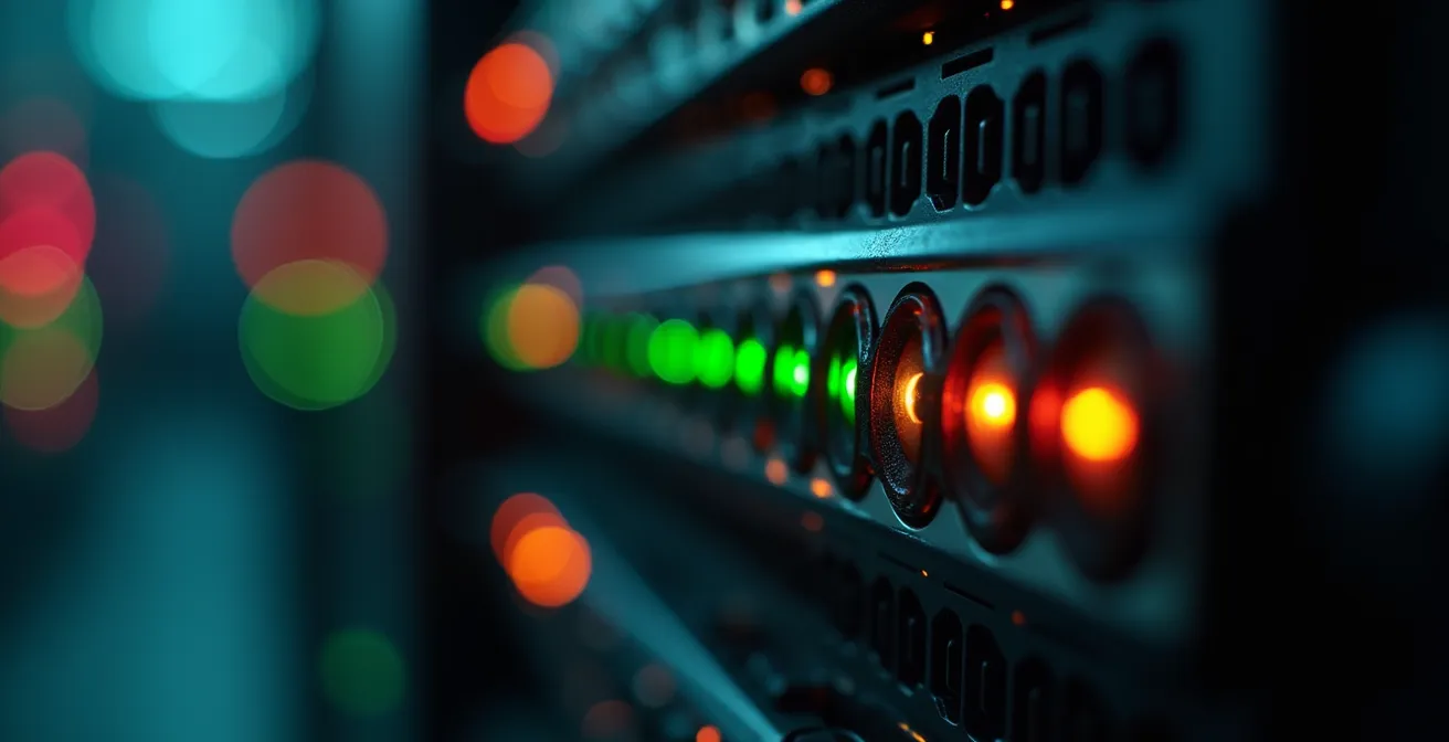 Sala de servidores con luces indicadoras mostrando proceso de hibernación automatizada