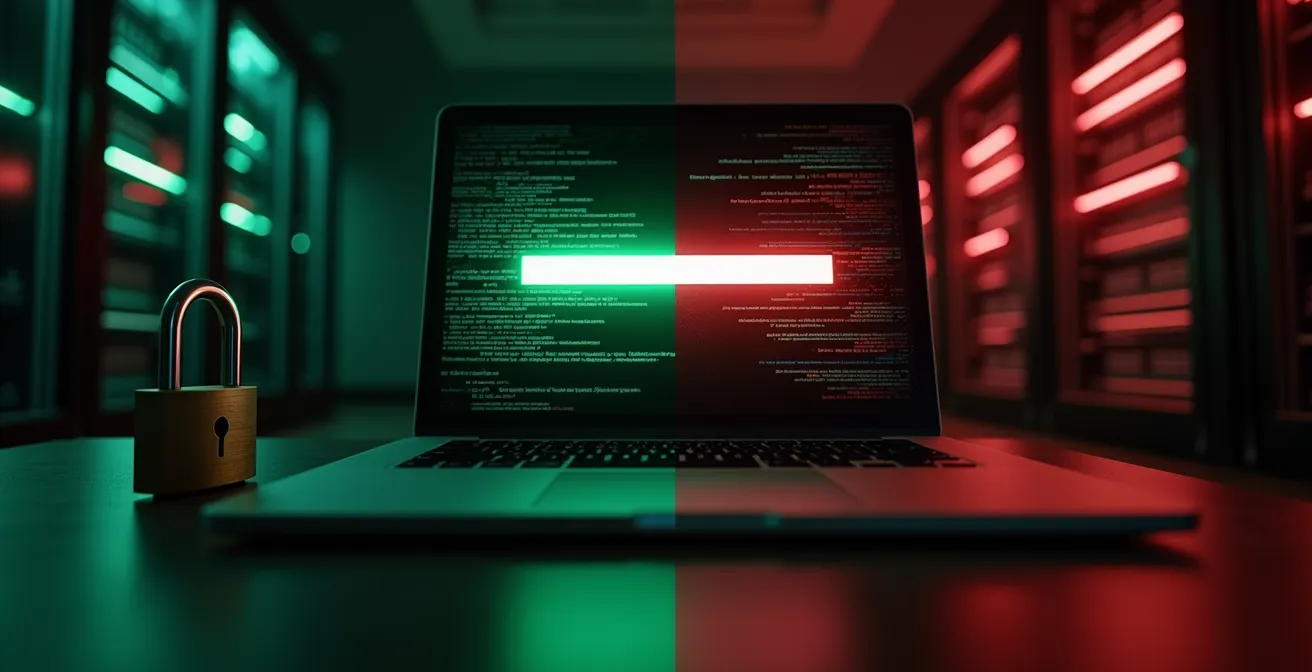 Primer plano de la barra de direcciones de un navegador mostrando el icono de un candado seguro y el protocolo HTTPS, con una metáfora visual de seguridad limitada.