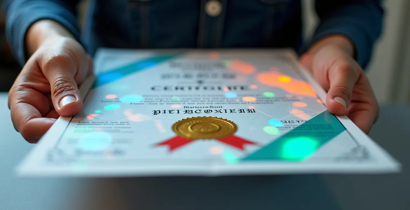 Manos sosteniendo un certificado digital con elementos de verificación y sellos de calidad profesional.