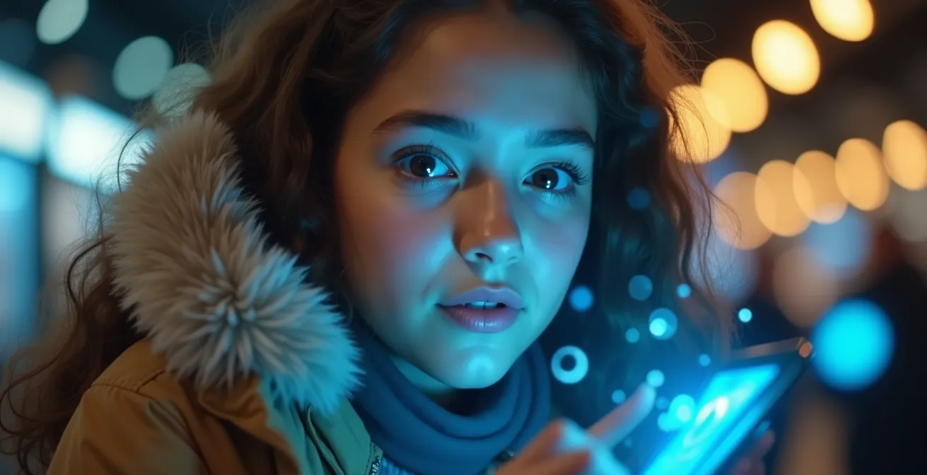 Cliente apuntando su smartphone hacia productos en tienda física para ver información digital aumentada