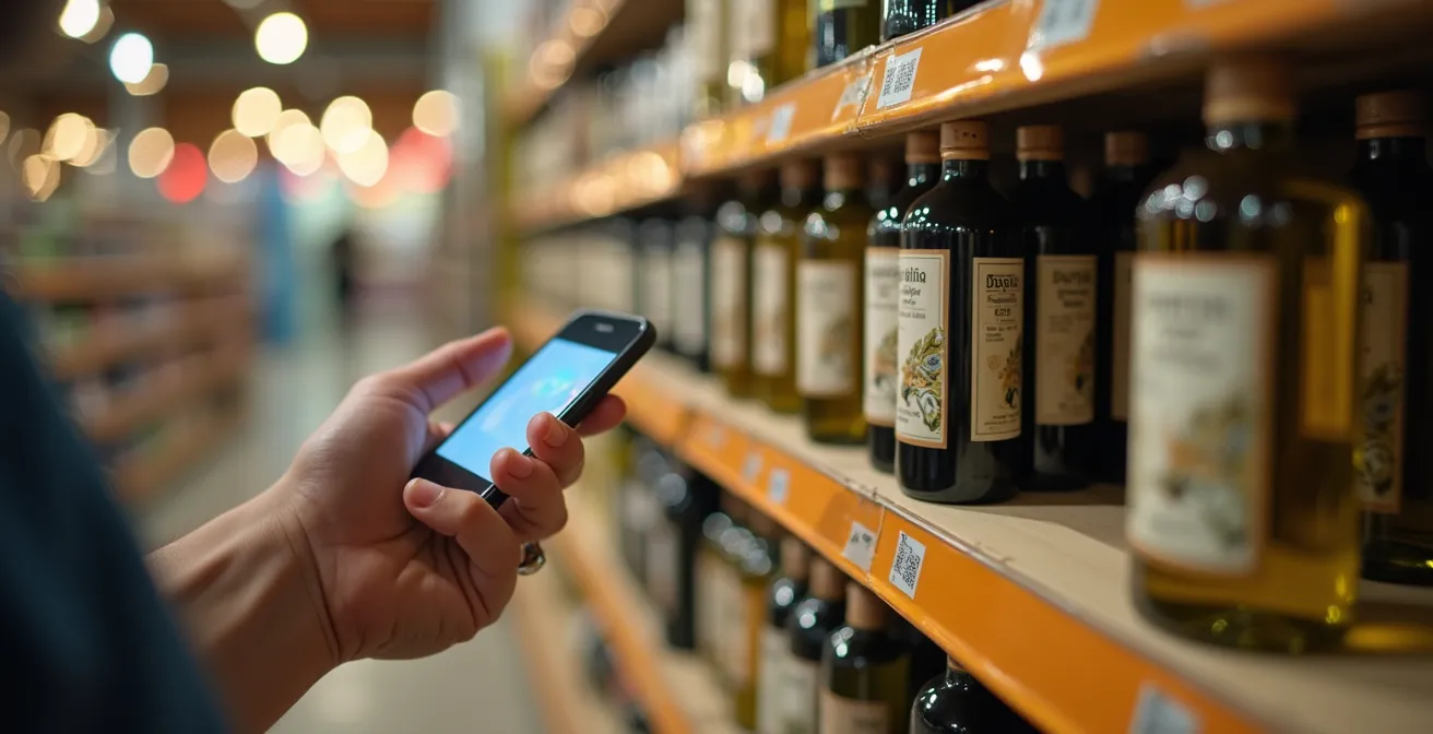 Consumidor escaneando código QR en producto alimentario mostrando la trazabilidad completa mediante blockchain