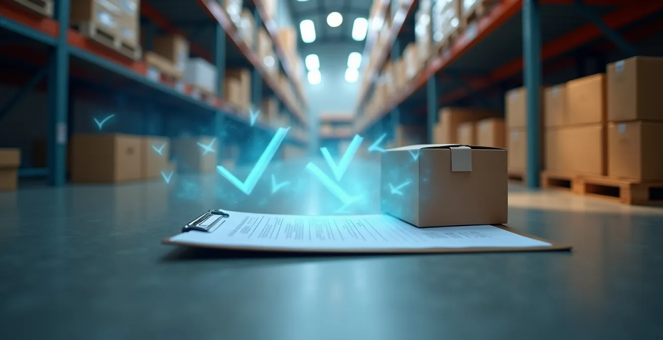 Representación visual del concepto de stock fantasma con cajas semitransparentes y efectos de desvanecimiento en un almacén