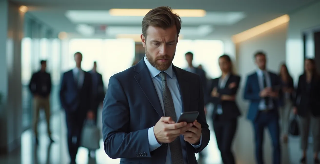 Vista aérea de un centro de conferencias con personas dispersas