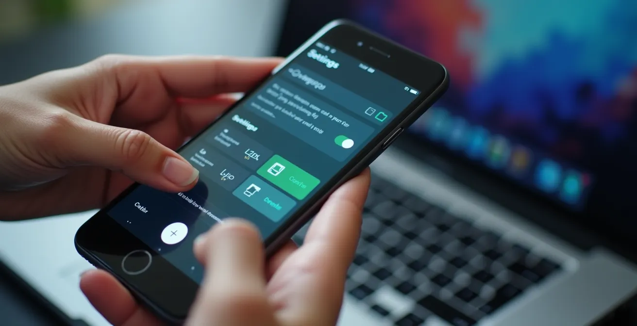 Manos de un ejecutivo configurando un hotspot móvil en su smartphone con un portátil de trabajo desenfocado al fondo.