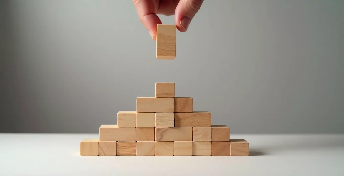 Manos construyendo una torre de bloques que representan activos digitales profesionales