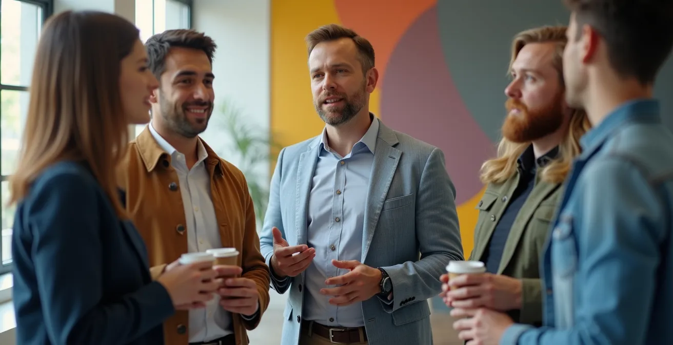 Equipo de pie en reunión diaria ágil con tablero visual, colaborando activamente.