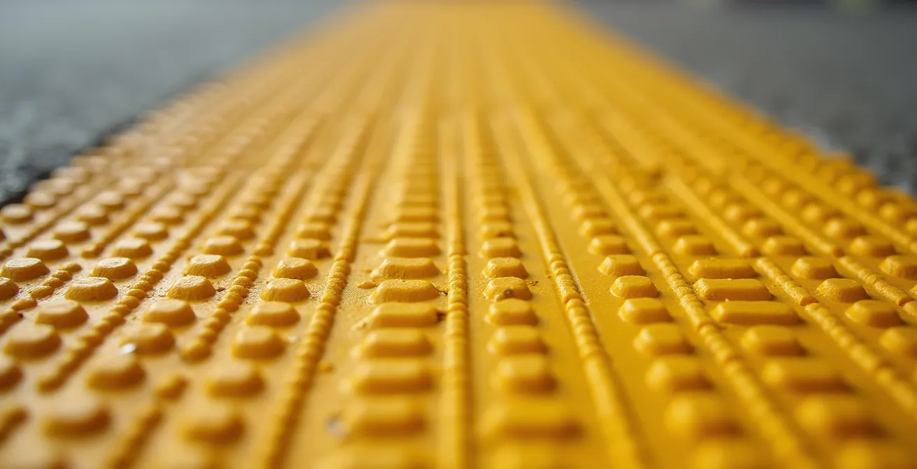 Primer plano de una superficie táctil en el suelo, mostrando un patrón de puntos que sirve de guía para personas con discapacidad visual, un ejemplo de diseño universal.