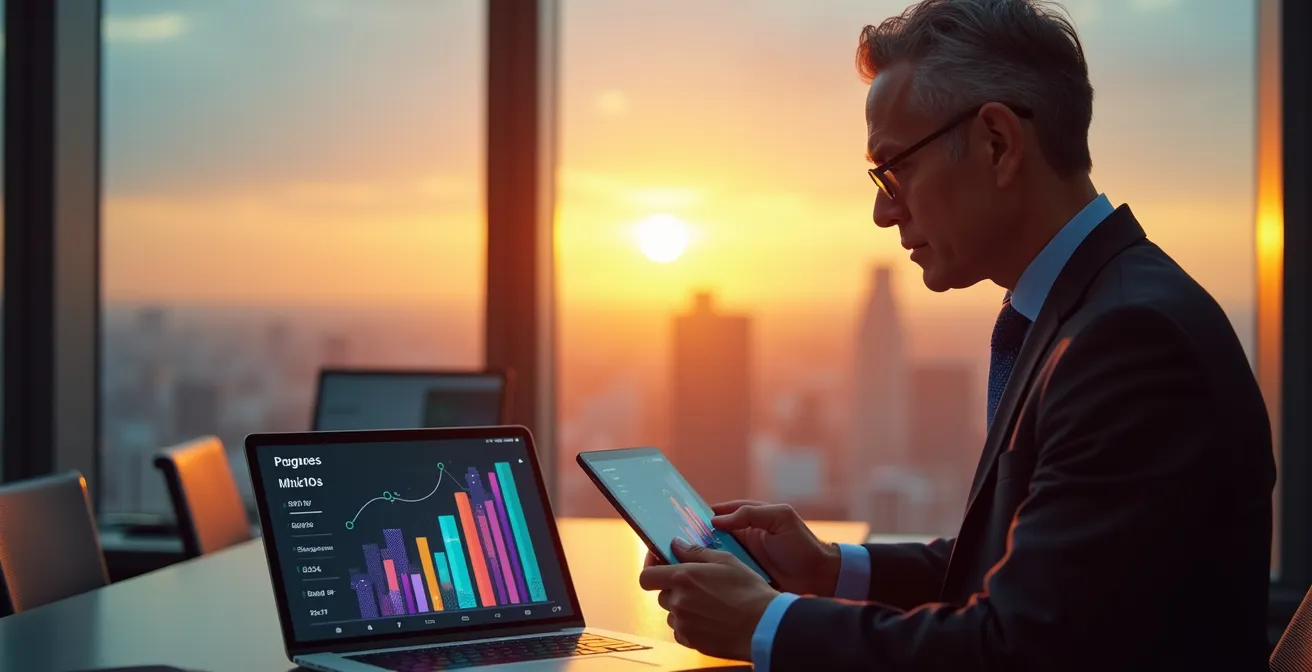 Ejecutivo en una oficina moderna utilizando una tablet para seguir un curso online, con gráficos de progreso en múltiples pantallas.