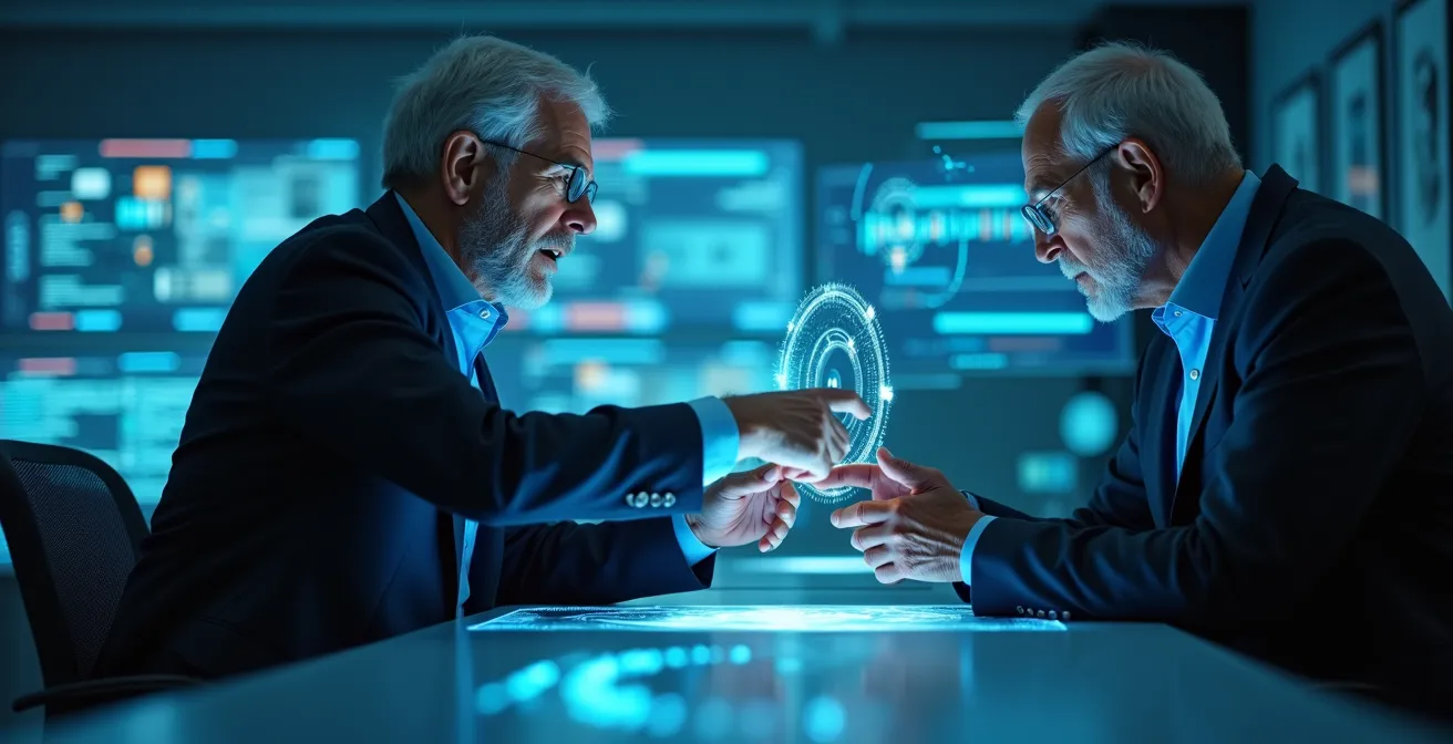 Empleados veteranos trabajando colaborativamente con herramientas de IA en un ambiente de oficina moderno