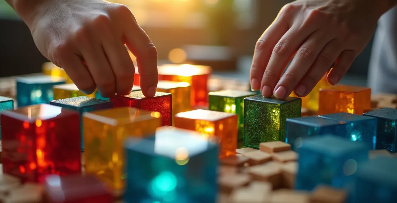 Un emprendedor construyendo un negocio digital, representado por manos que ensamblan bloques de construcción coloridos y texturizados.