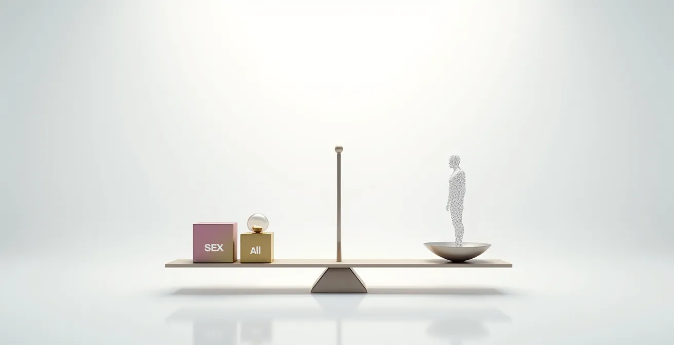 Balanza simbólica equilibrando datos abstractos y silueta humana