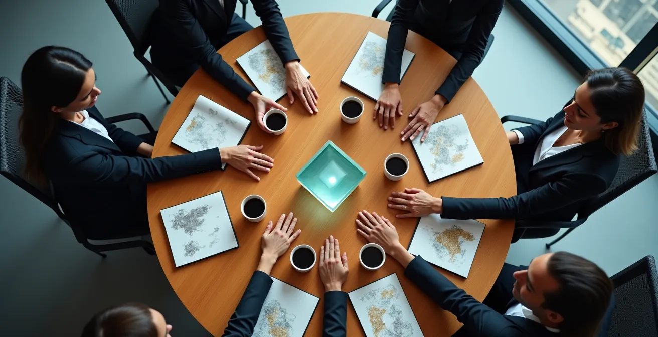 Profesionales diversos reunidos en espacio colaborativo moderno