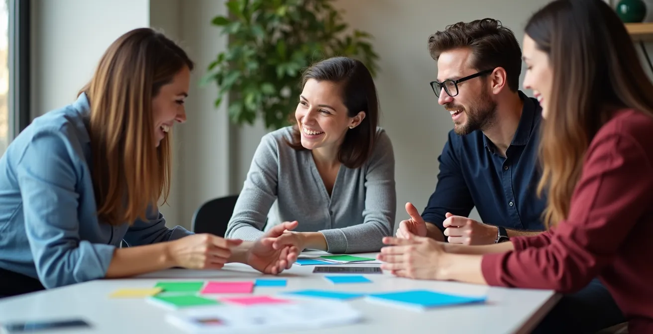 Equipo de marketing colaborando en diseño web visual sin pantallas