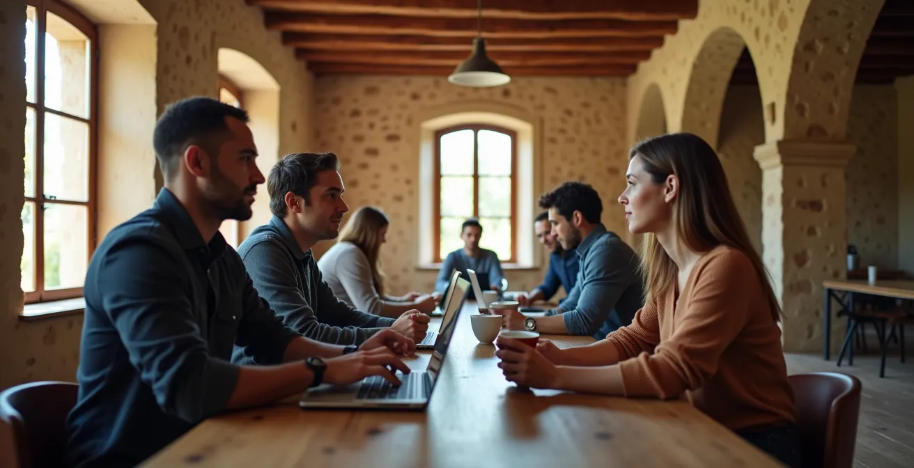 Espacio de coworking en antigua casa rural con trabajadores remotos colaborando