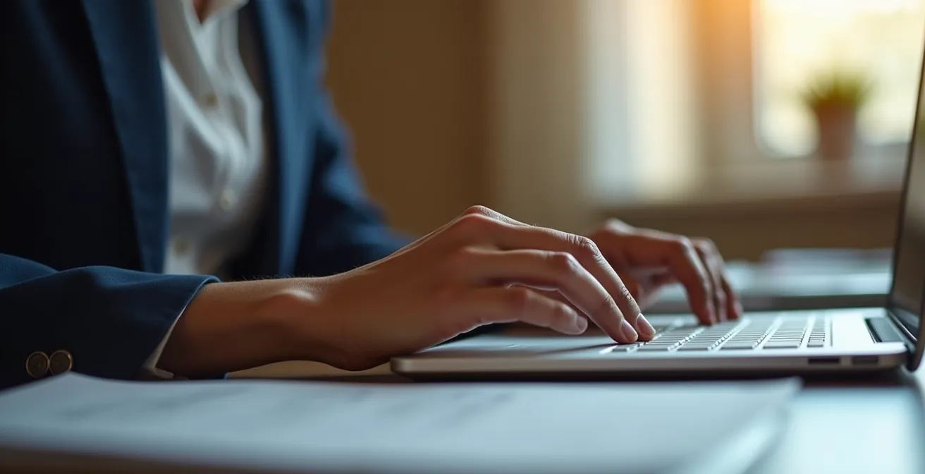 Manos profesionales escribiendo una respuesta cuidadosa a una reseña en un dispositivo, con una luz suave de ventana de fondo.