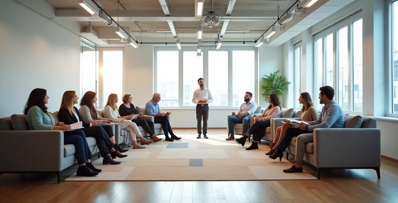 Grupos de formación diversos con empleados de diferentes edades y niveles de experiencia en espacio de aprendizaje colaborativo