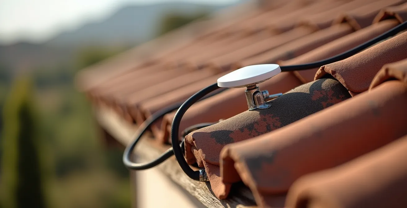 Vista detallada de antena MIMO direccional instalada en tejado de casa rural española