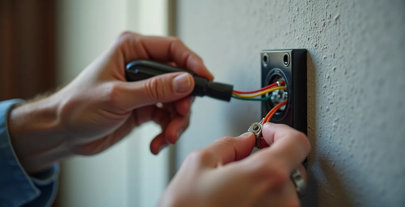 Manos instalando un termostato inteligente en pared con herramientas