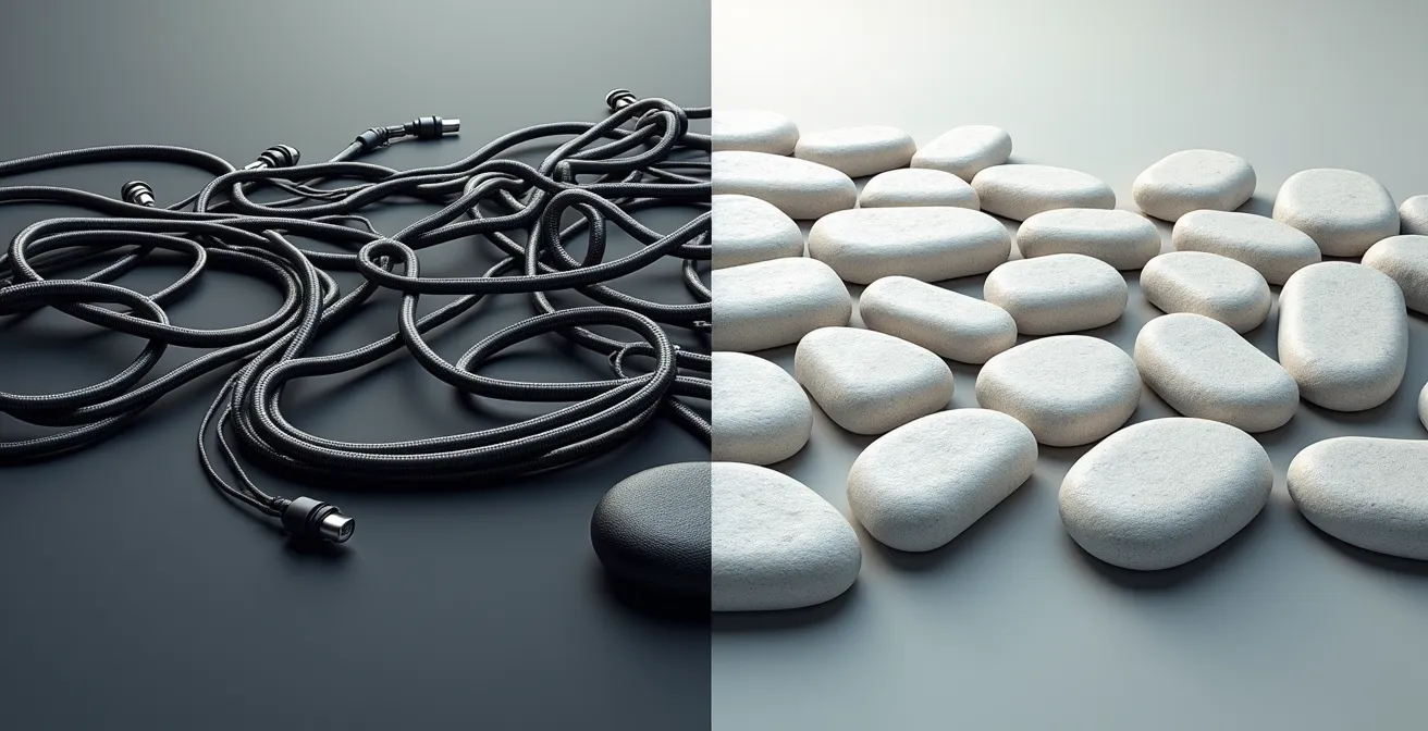 Comparación visual entre una interfaz móvil compleja y desordenada frente a una interfaz simple y clara, demostrando el concepto de diseño accesible.