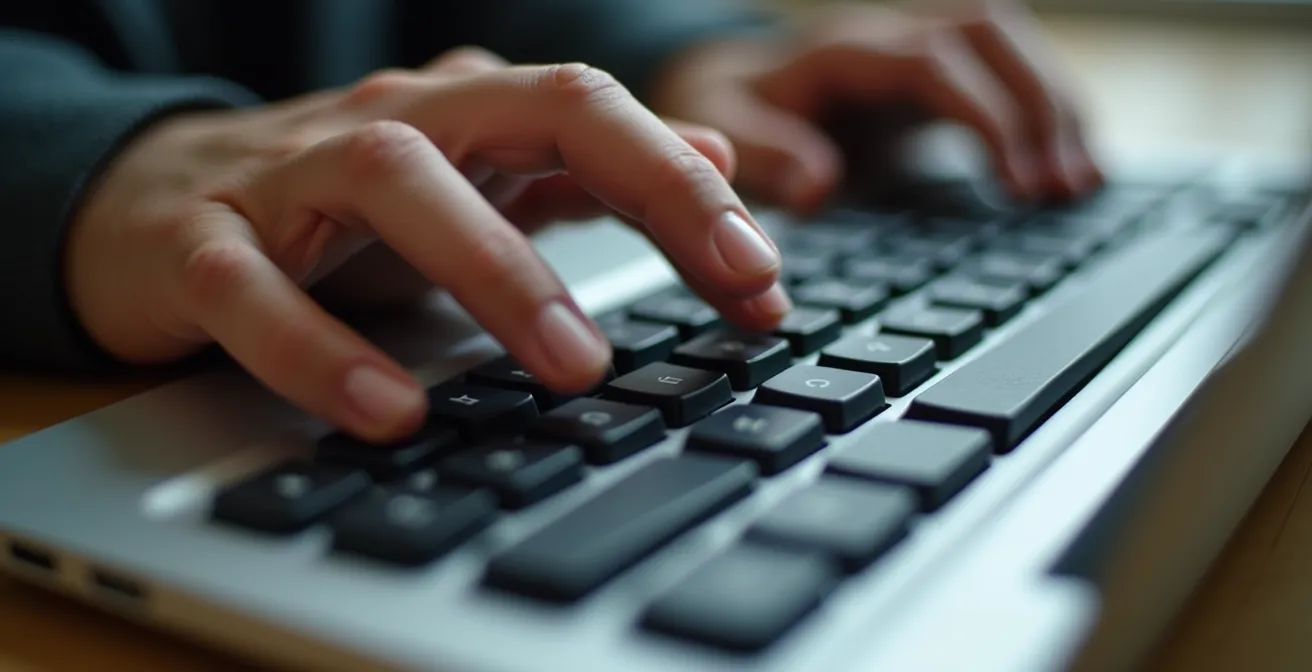 Manos profesionales navegando una interfaz web usando únicamente el teclado con indicadores visuales de foco claramente marcados