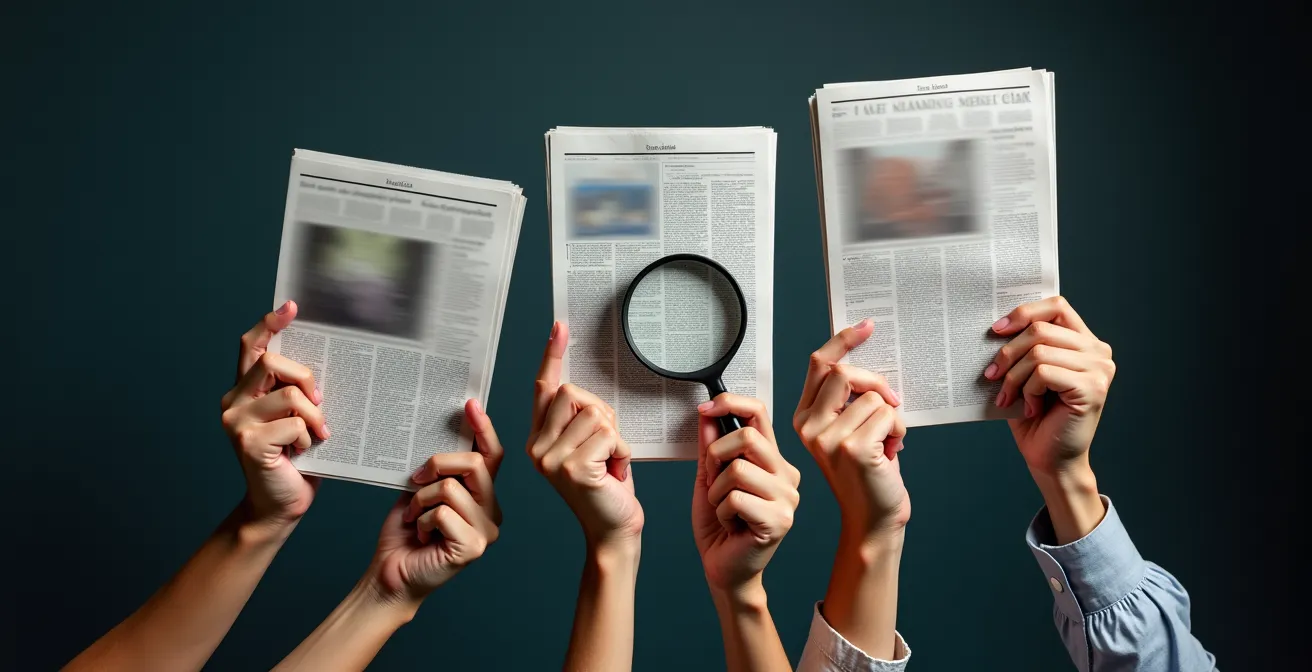 Manos sosteniendo varios periódicos con titulares difuminados mientras una lupa examina el contenido