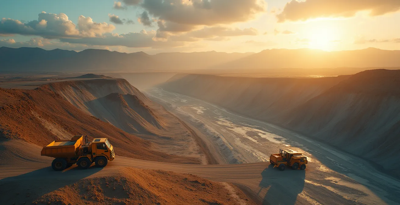 Vista aérea de operación minera remota con sistemas de edge computing autónomos