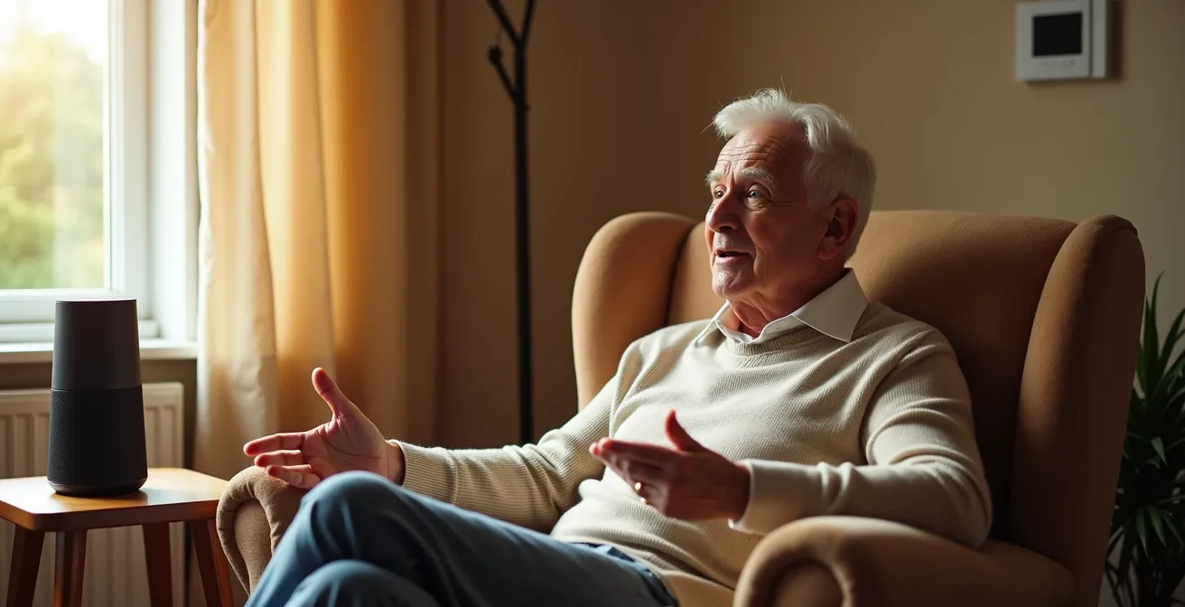 Persona mayor usando control por voz para ajustar termostato inteligente