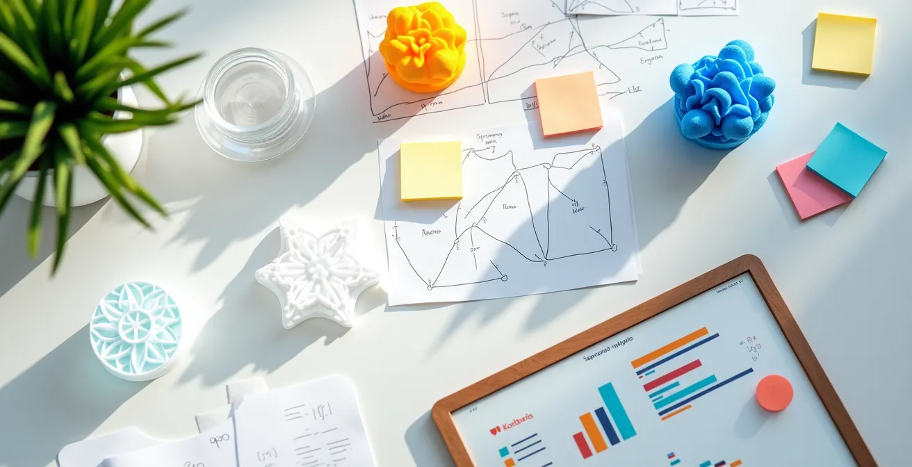 Vista aérea de un escritorio con prototipos, diagramas técnicos y visualizaciones de datos que conforman un portafolio de proyectos prácticos.