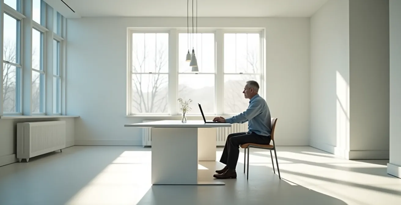 Ejecutivo maduro en ambiente de aprendizaje colaborativo con elementos tecnológicos sutiles