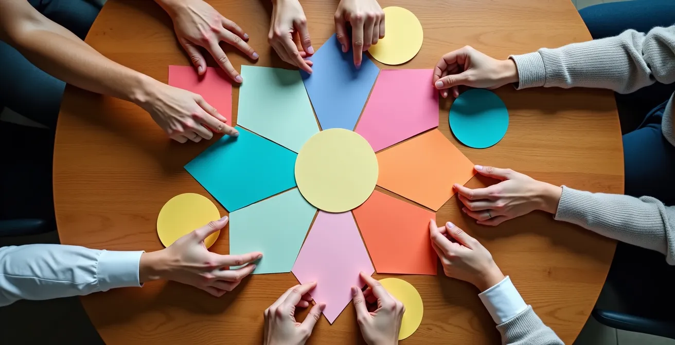Equipo analizando resultados en una retrospectiva ágil, organizando notas visuales sobre una mesa.