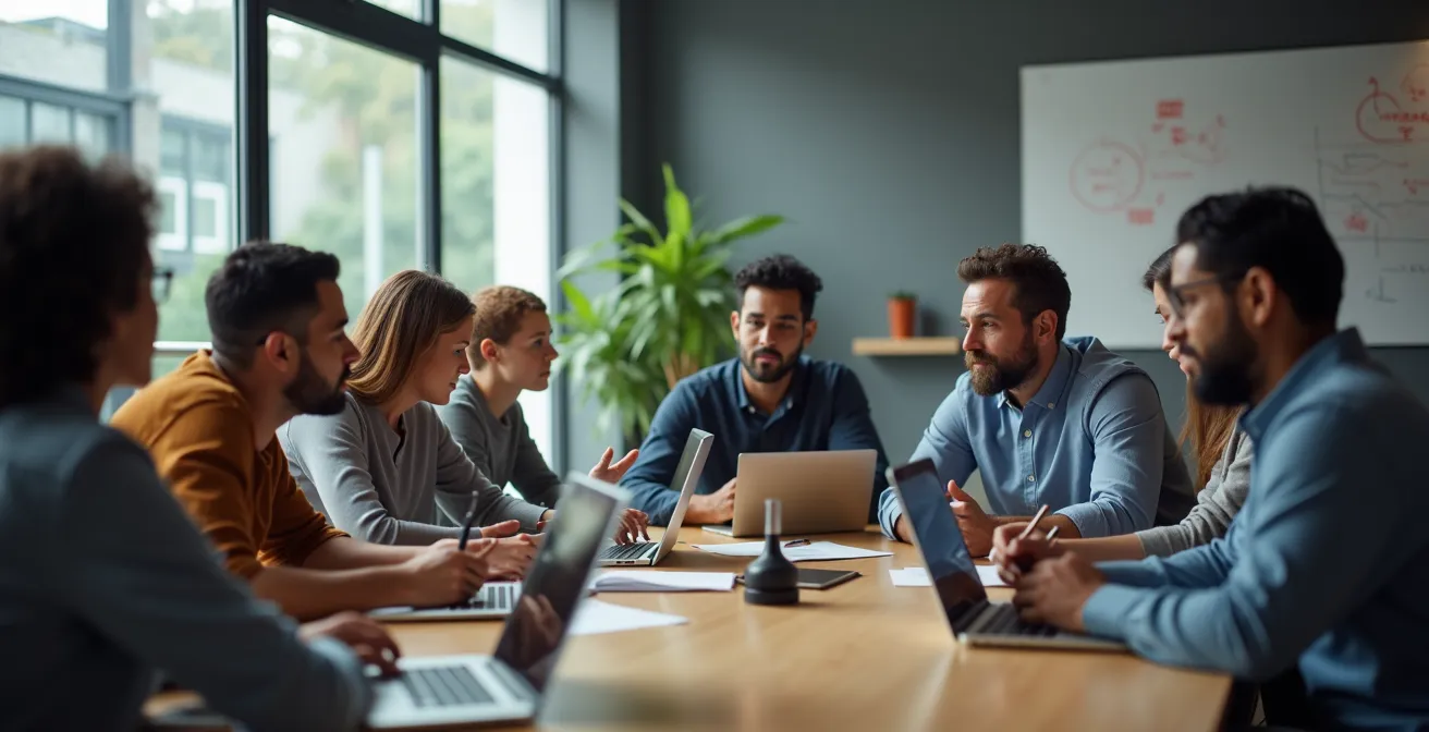 Equipo de seguridad en reunión post-mortem analizando datos del incidente en sala de conferencias