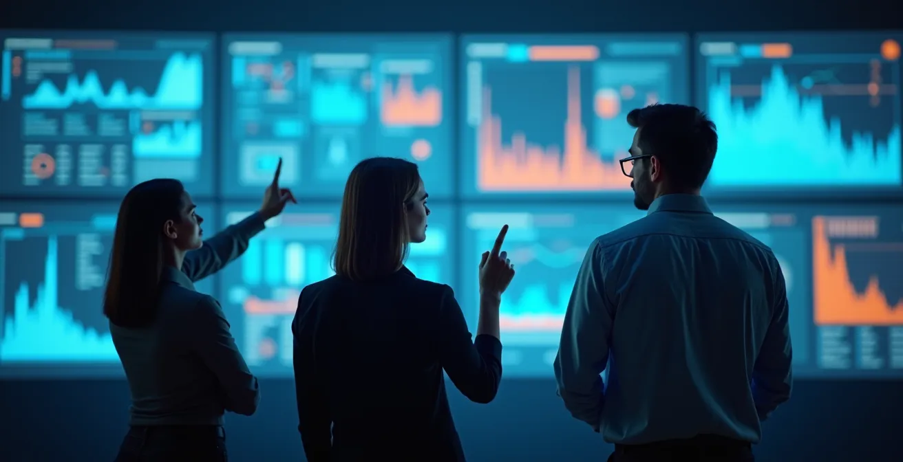 Centro de operaciones con múltiples monitores mostrando métricas de red mientras un equipo gestiona la respuesta ante un ataque