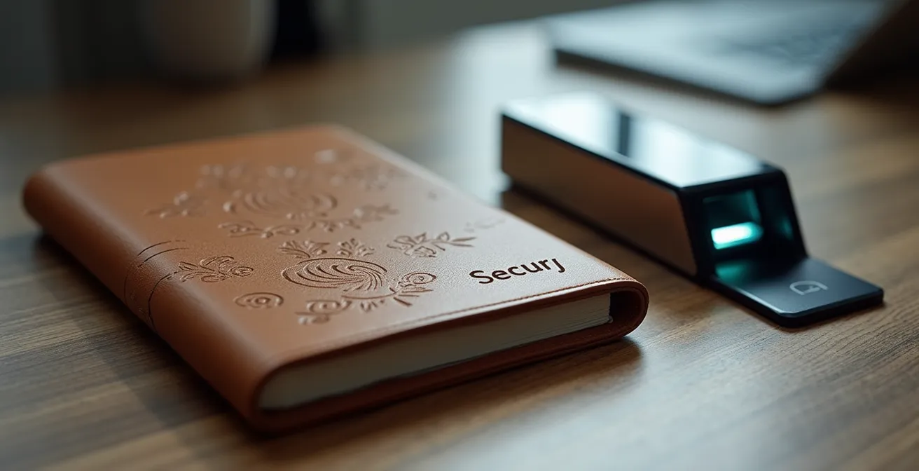 Espacio de trabajo seguro mostrando la transición de seguridad física a digital