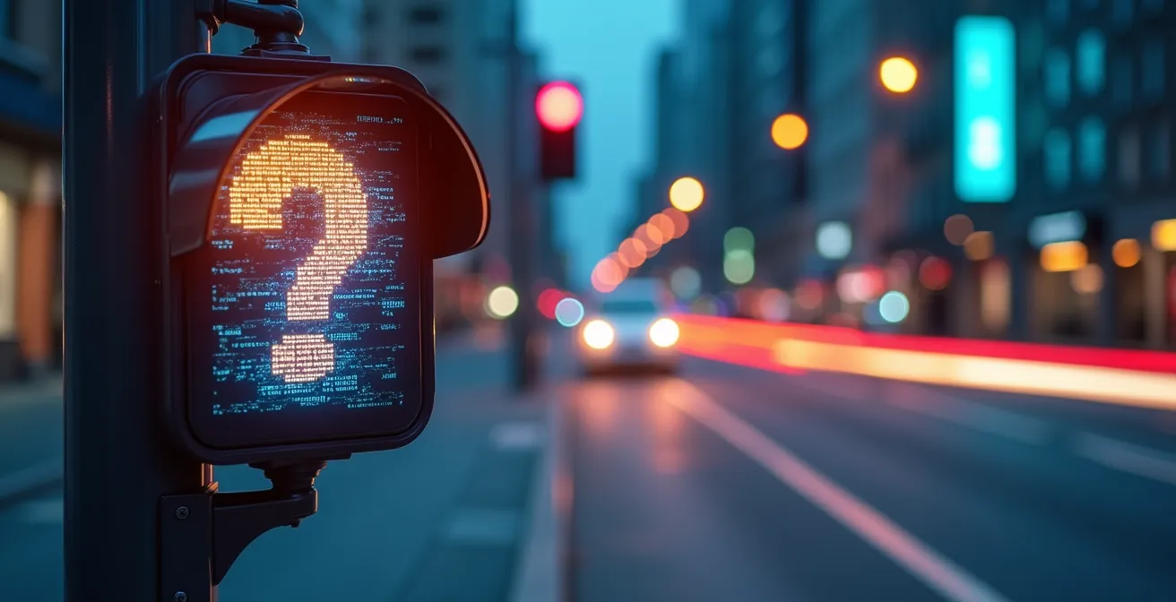 Infraestructura urbana con semáforos digitales comunicándose con vehículos autónomos