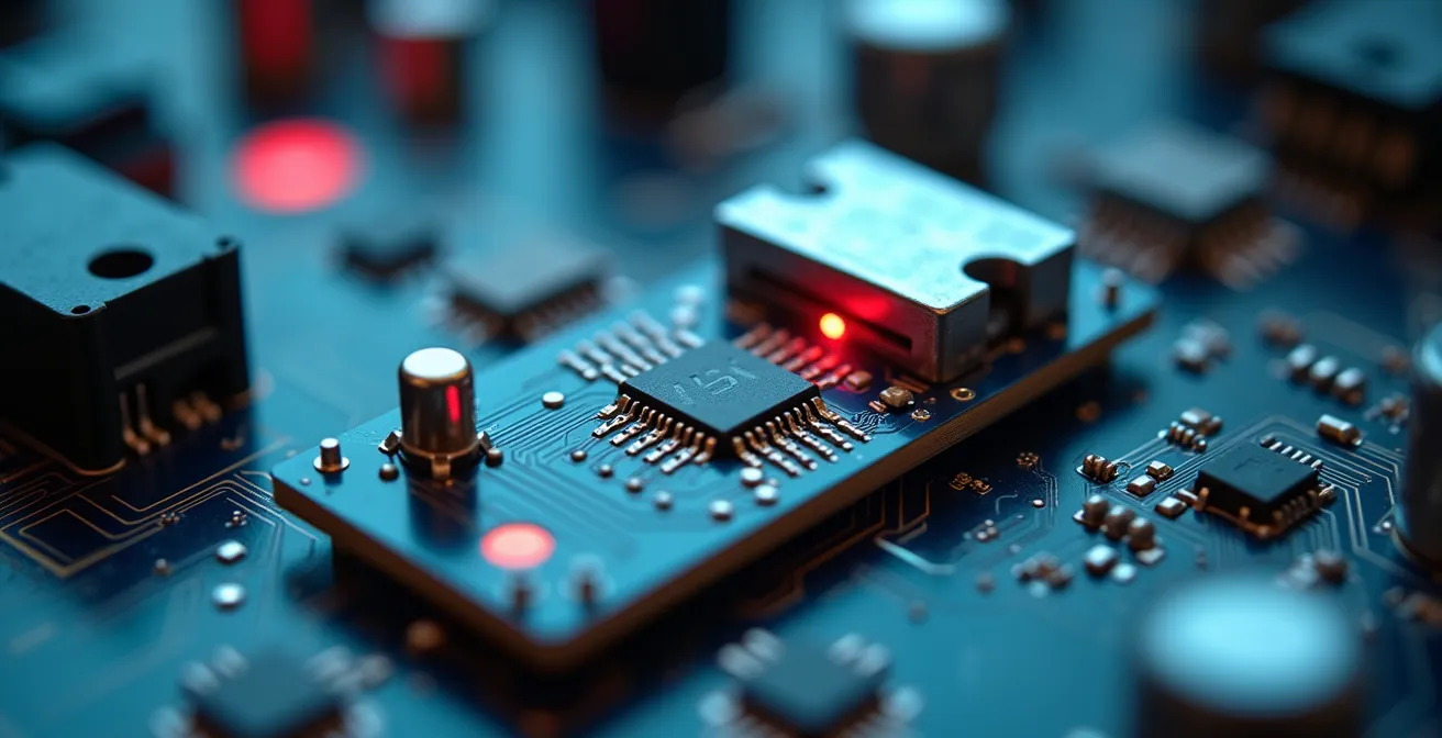 Detalle macro de sensor IoT industrial mostrando puntos de conexión vulnerables