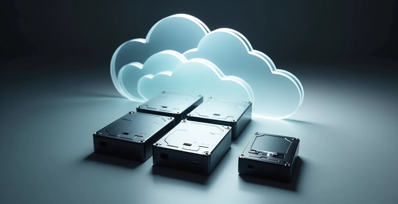 Visualización del sistema de backup 3-2-1 con iconos de nube y almacenamiento físico