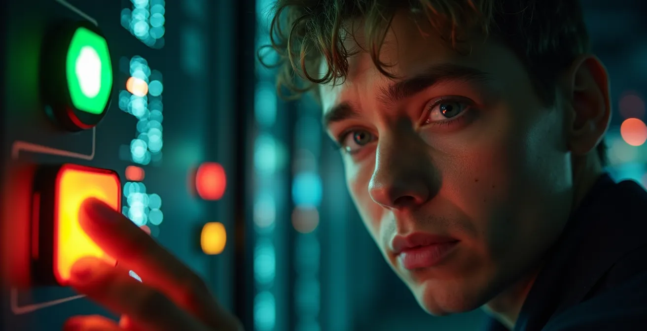 Panel de control con luces indicadoras de estado (verde, amarillo, rojo) que muestran el estado de varios procesos automatizados, con una persona supervisando.