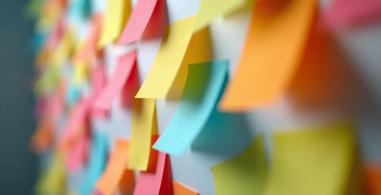 Tablero Kanban físico con notas adhesivas de colores organizadas en columnas