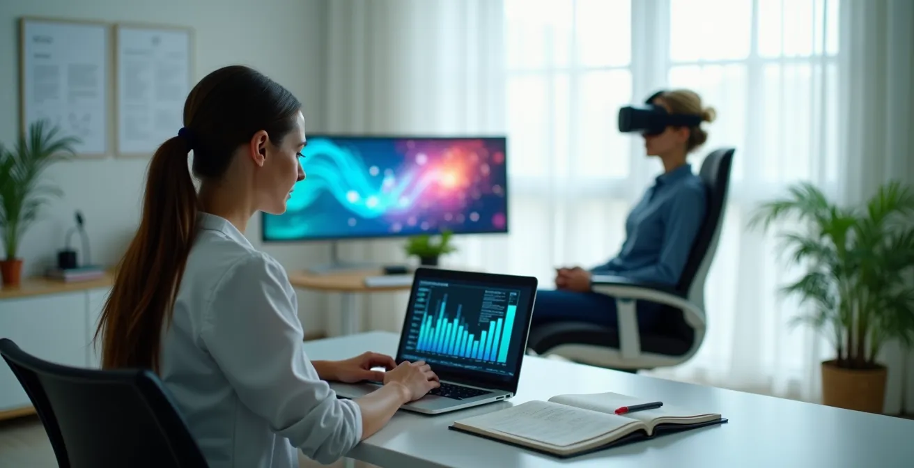 Vista posterior del terapeuta monitorizando datos biométricos mientras el paciente usa realidad virtual