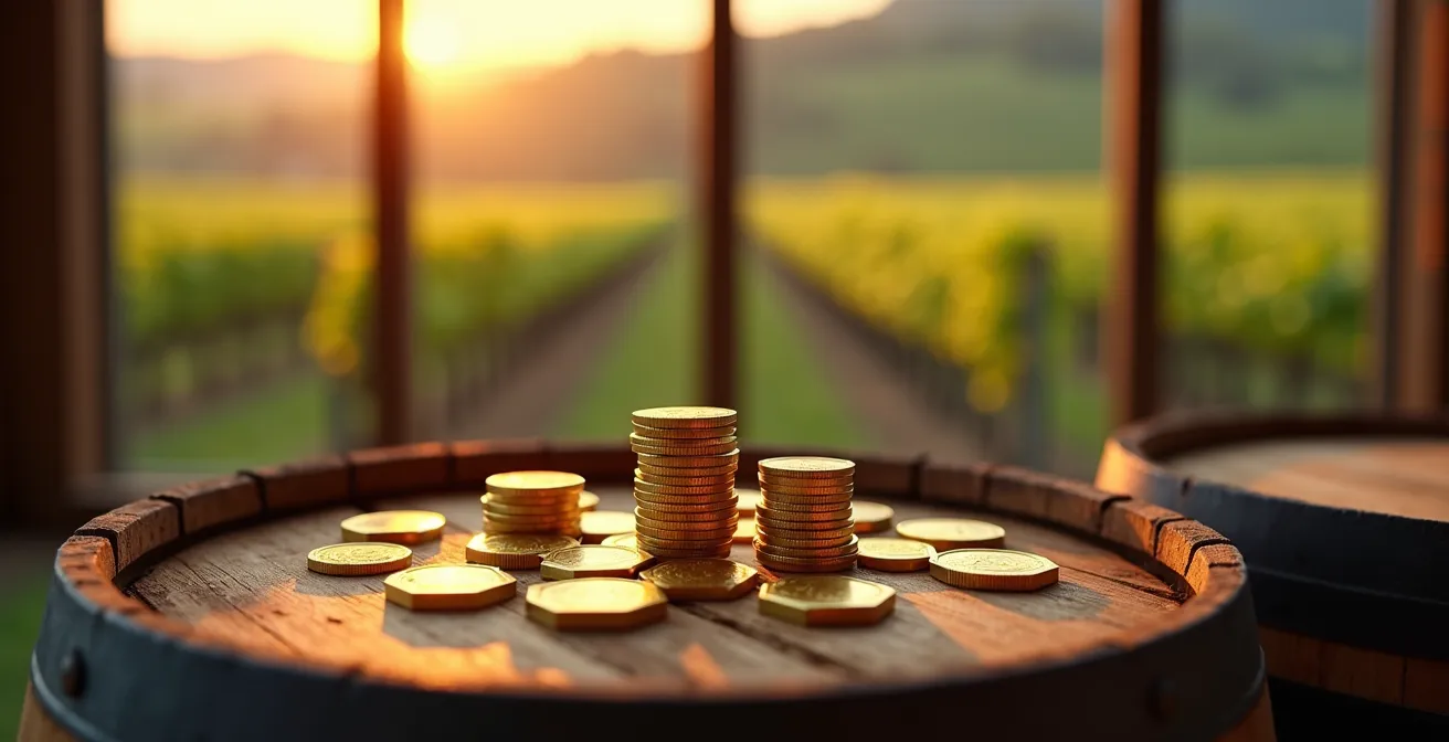 Representación simbólica de tokens digitales conectados con viñedos y campos de cultivo premium