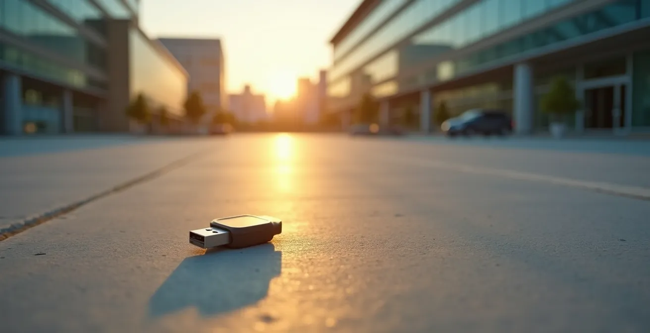 USB solitario en el suelo de un estacionamiento corporativo
