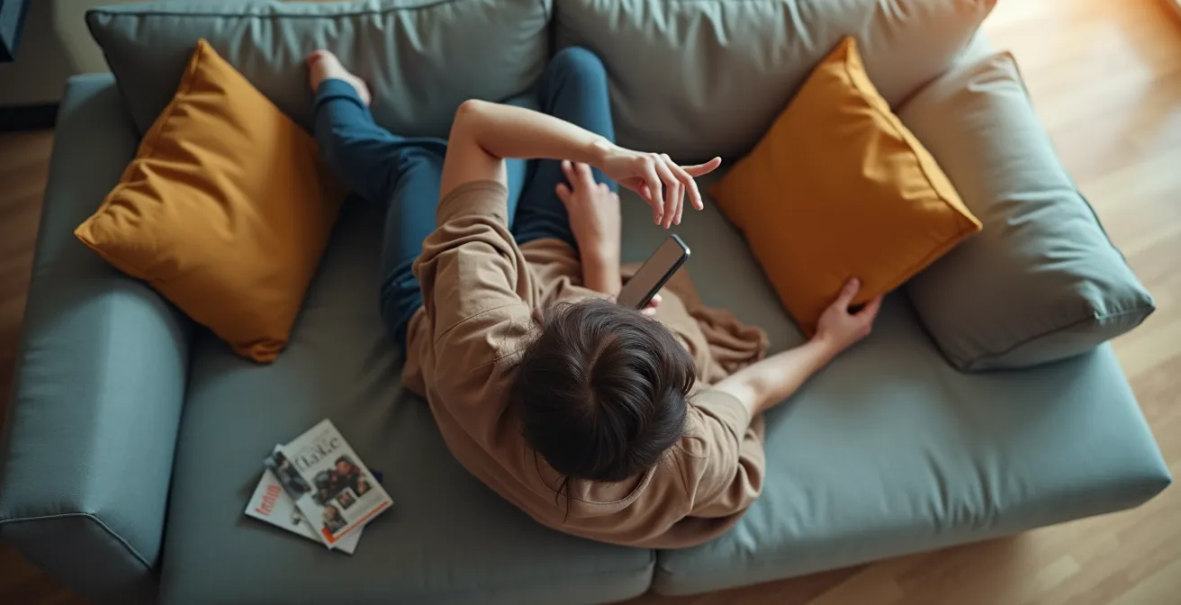 Vista cenital de persona en sofá sosteniendo smartphone con expresión concentrada